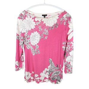 TALBOTS Bright Pink White Floral Boatneck Lightweight Pullover Sweater Size M